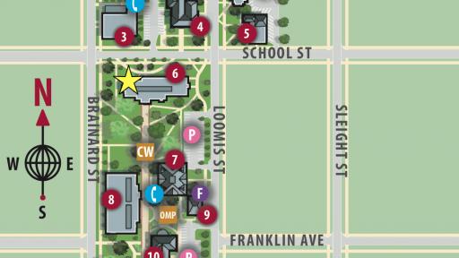 A campus map showing the library's location